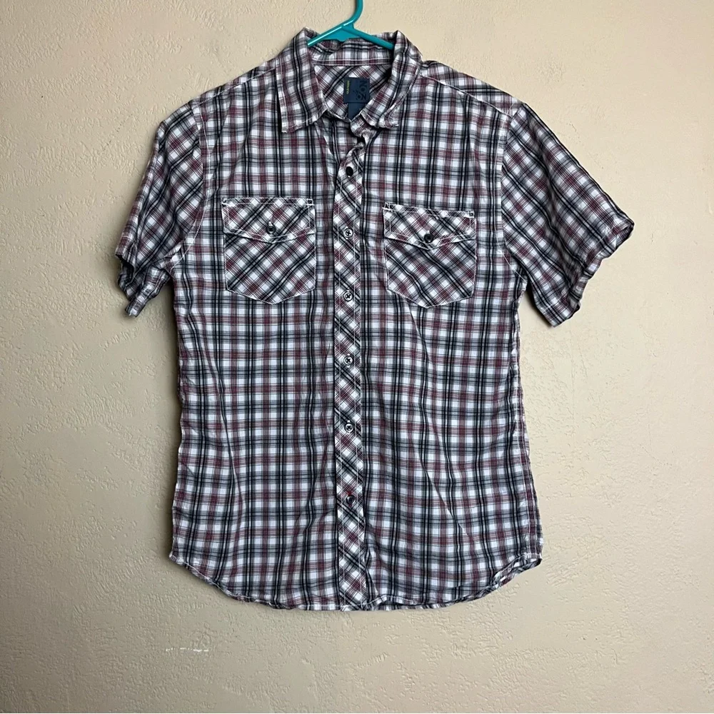 5/$25 Old navy boy short sleeve bottoms down multicolor plaid shirt‎ size XL